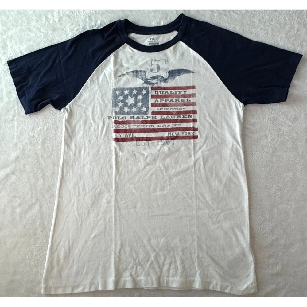 Vtg Polo Ralph Lauren‎ Tshirt Mens *XL* USA Flag Y2K 90s Raglan style Crewneck